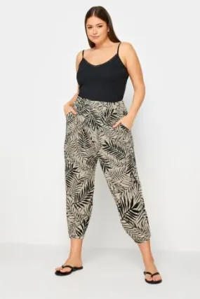 YOURS Curve Beige Brown Leaf Print Cropped Harem Trousers