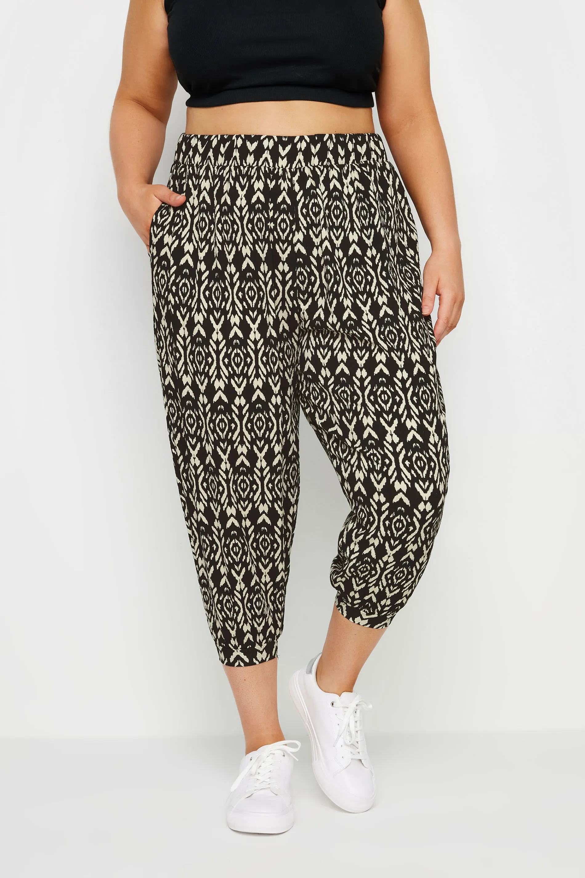 YOURS Curve Black Abstract Print Textured Cropped Harem Trousers