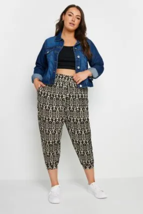 YOURS Curve Black Abstract Print Textured Cropped Harem Trousers