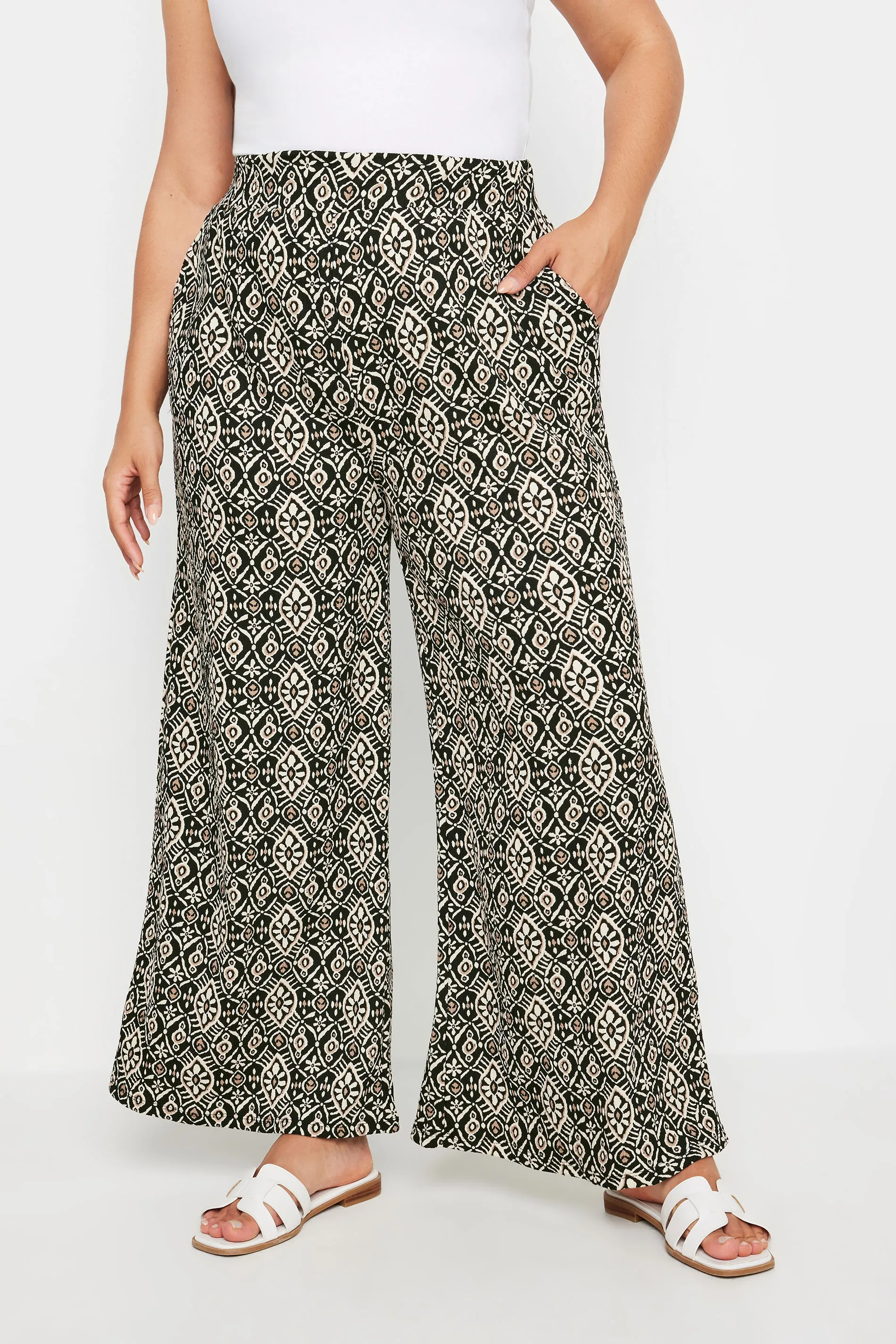 YOURS Curve Black Tile Print Textured Wide Leg Trousers