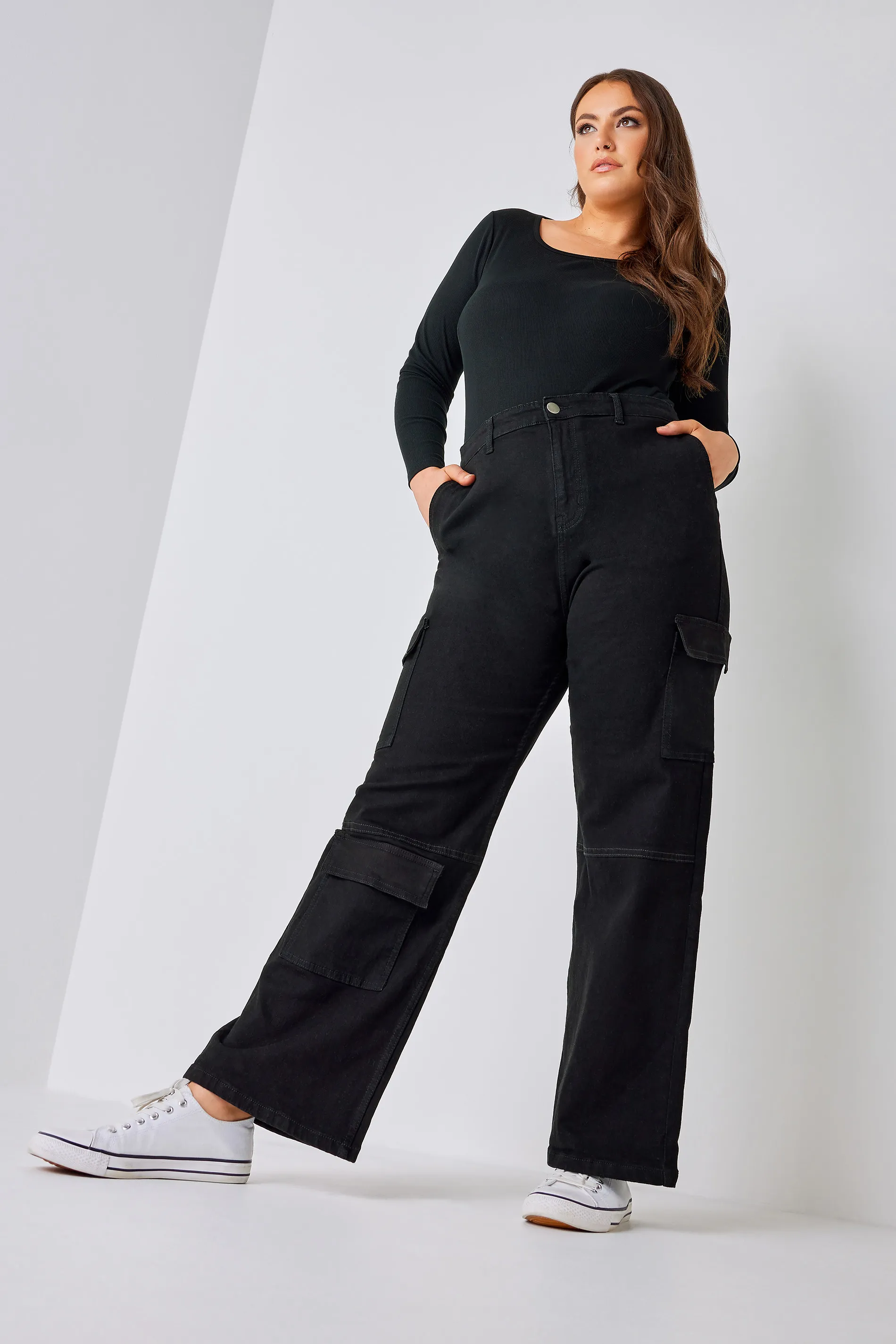 YOURS Curve Black Wide Leg Pocket Cargo Trousers