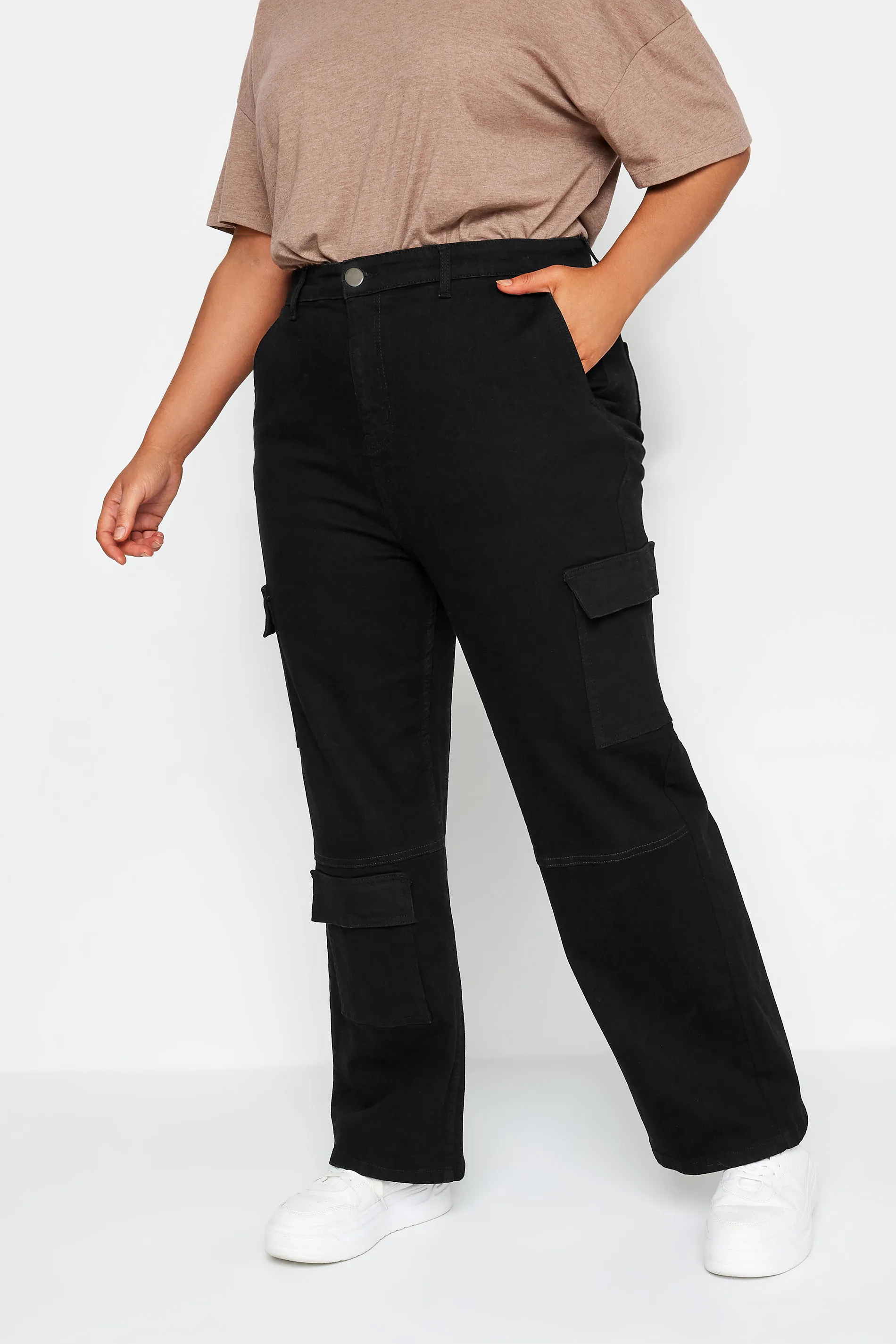 YOURS Curve Black Wide Leg Pocket Cargo Trousers