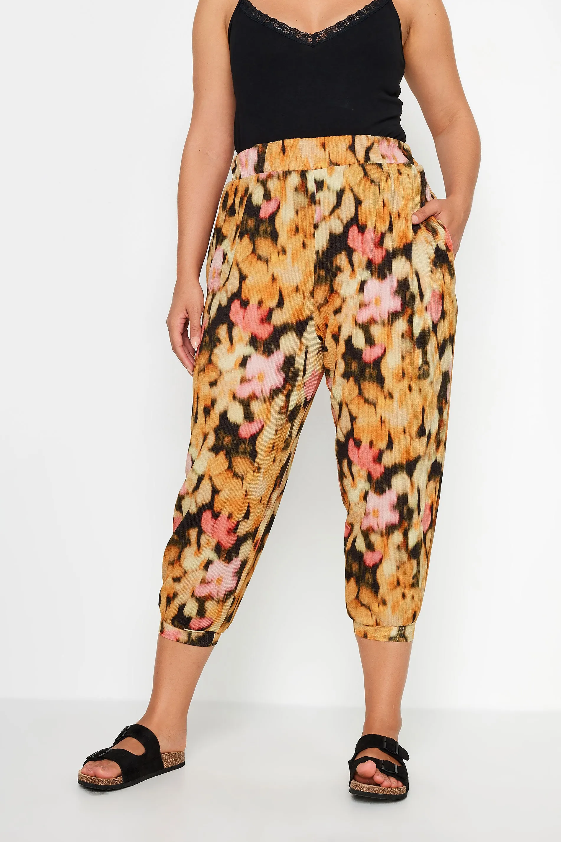 YOURS Curve Orange Floral Print Textured Cropped Harem Trousers