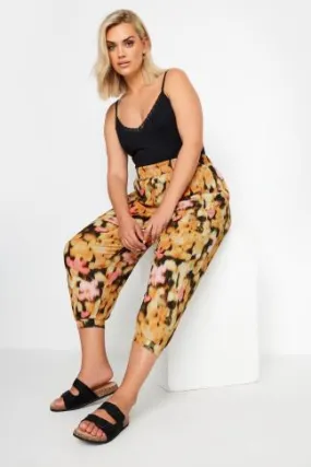 YOURS Curve Orange Floral Print Textured Cropped Harem Trousers