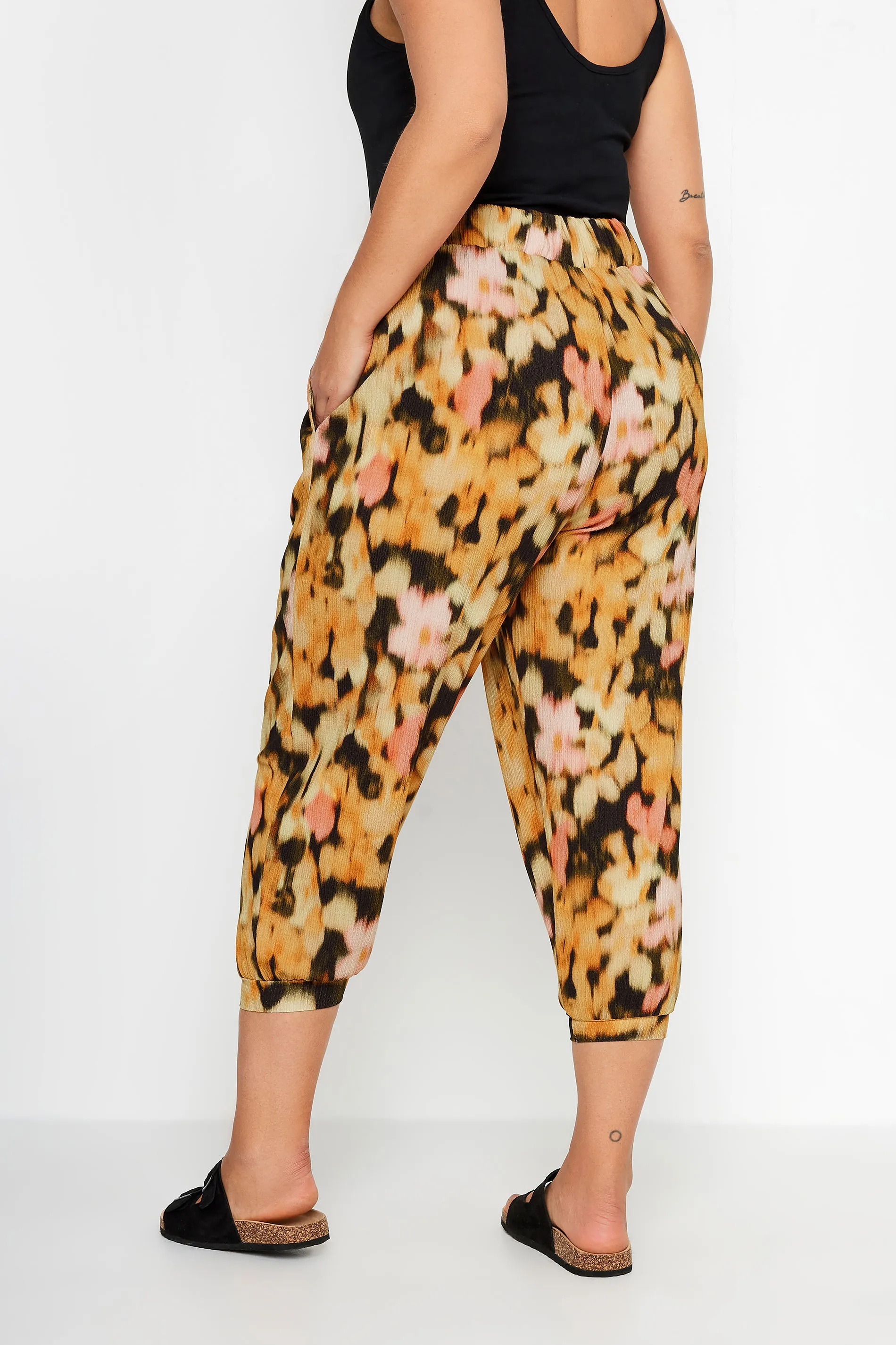 YOURS Curve Orange Floral Print Textured Cropped Harem Trousers