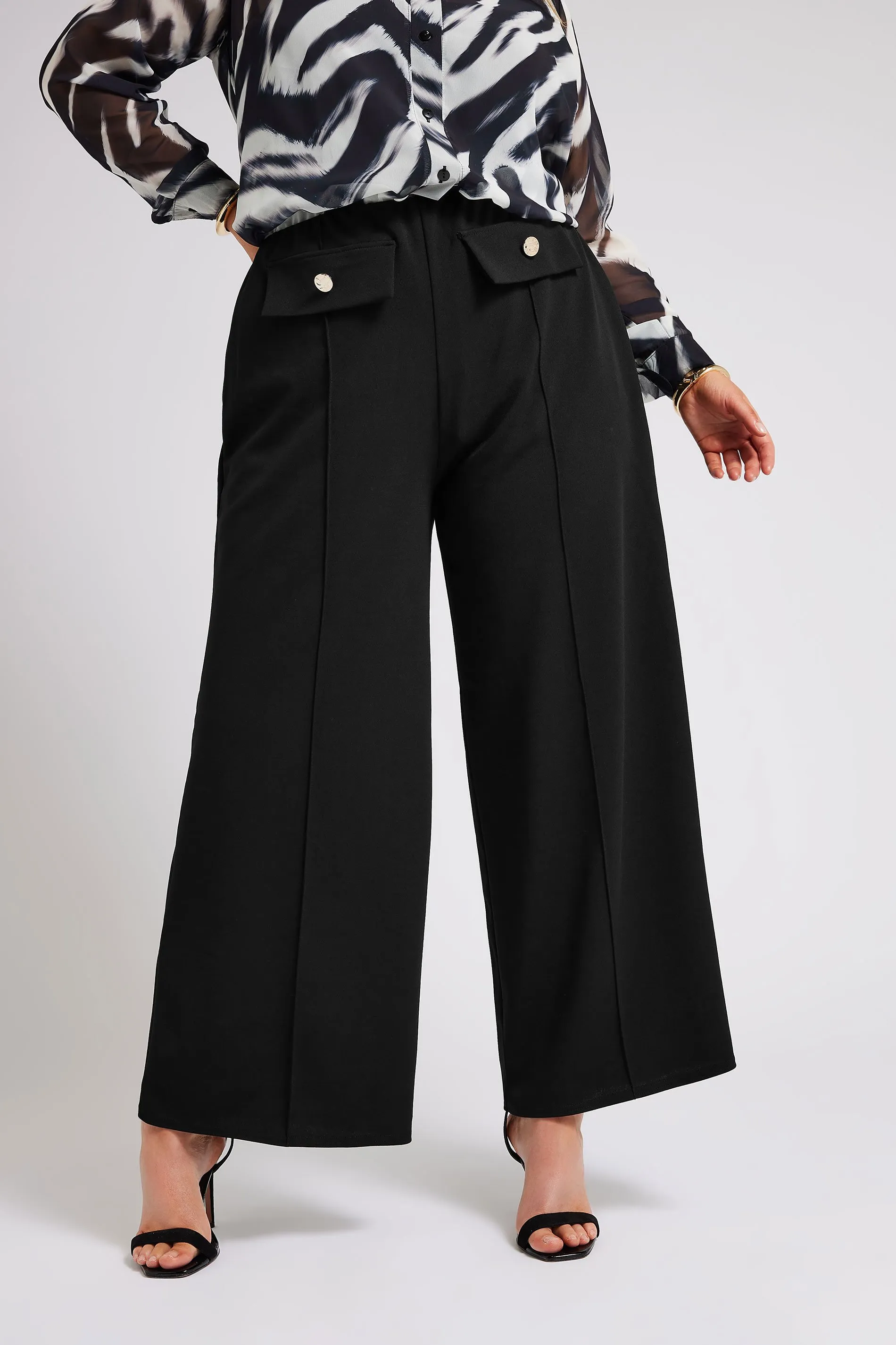 YOURS LONDON Curve Black Pocket Front Wide Leg Trousers